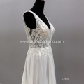 Sexy Illusion V Neck Flower Pattern Sleeveless Bride Gown Backless Wedding Dress White